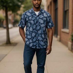 Aigle Men’s Hawaiian Shirt XL Blue Floral Tropical Underwater Print Short Sleeve